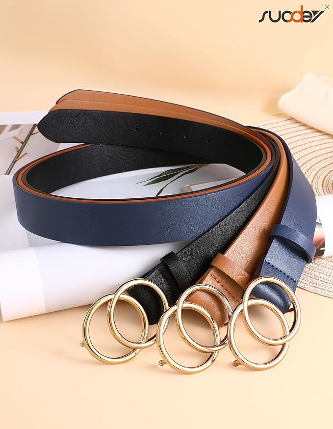 SUOSDEY Women Leather Belt Fashion Double O-Ring Soft Faux Leather Waist Belts For Jeans Dress