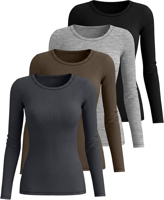 Neer 4 Pack Women's Ribbed Long Sleeve Shirts, Cotton Crew Neck Slim Fit Tops Stretch Knit Casual Base Layer Basic Tee Shirts