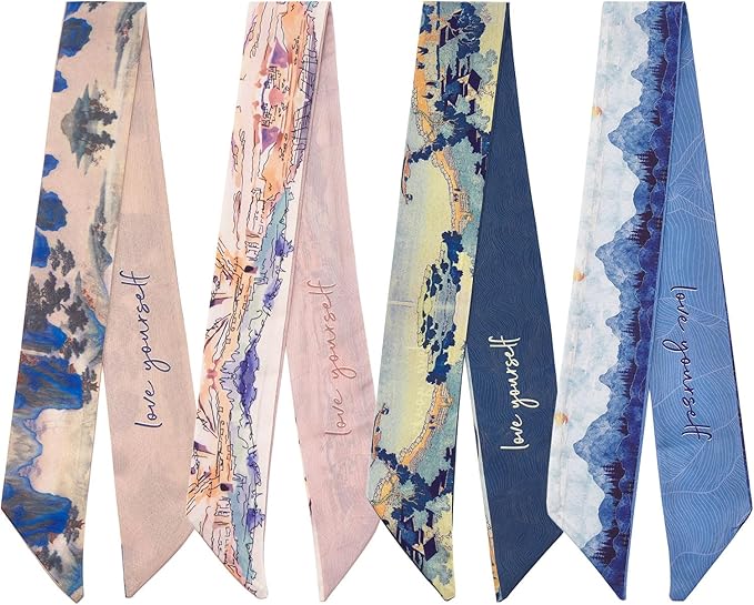 4 Pack Purse Scarf Handbags Skinny Twill Hair Scarves Narrow Neck Scarf Band Women Fashion Accessories Bag Charms