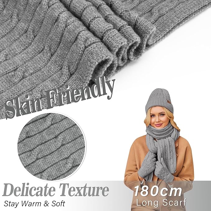 Womens Winter Beanie Hats Long Scarf Touchscreen Gloves Set Warm Knit Skull Caps Gifts for Women