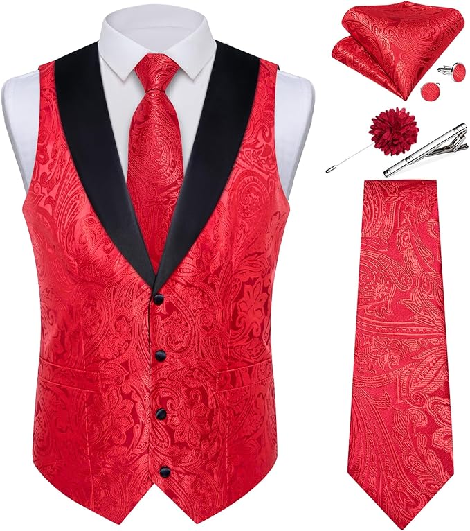 DiBanGu Mens Paisley Suit Vest Silk Jacquard Waistcoat and Necktie Set Formal Shawl Collar Dress Vest 7PCS for Wedding Party
