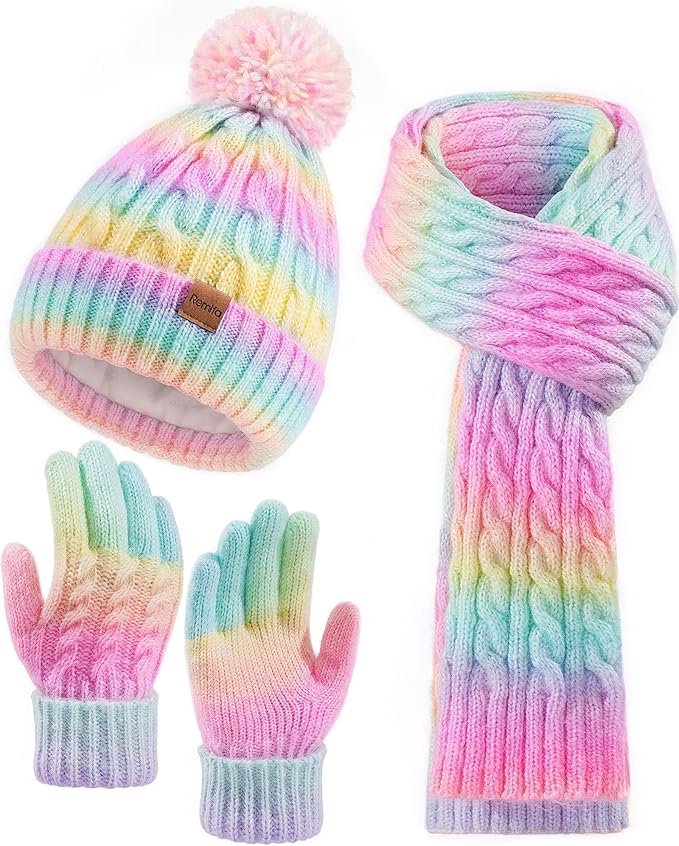 Remifa Winter Hat Scarf Gloves Set for Women Teen Girls, 3 PCS Pom Beanie Skull Cap Knit Scarf Gloves Mittens Valentines Gift