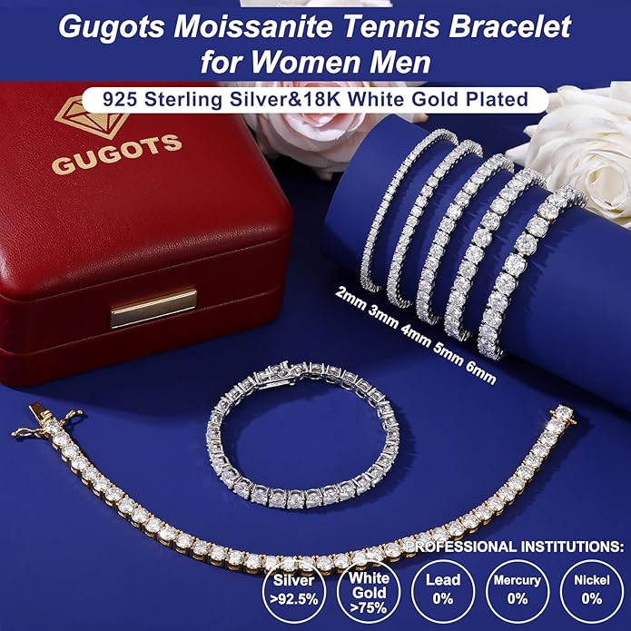 Moissanite Tennis Bracelet for Women Men White/Yellow Gold Plated S925 Sterling Silver D Color VVS1 Round Cut Moissanite Bracelets 2/3/4/5/6MM 6.5/7/7.5/8inch