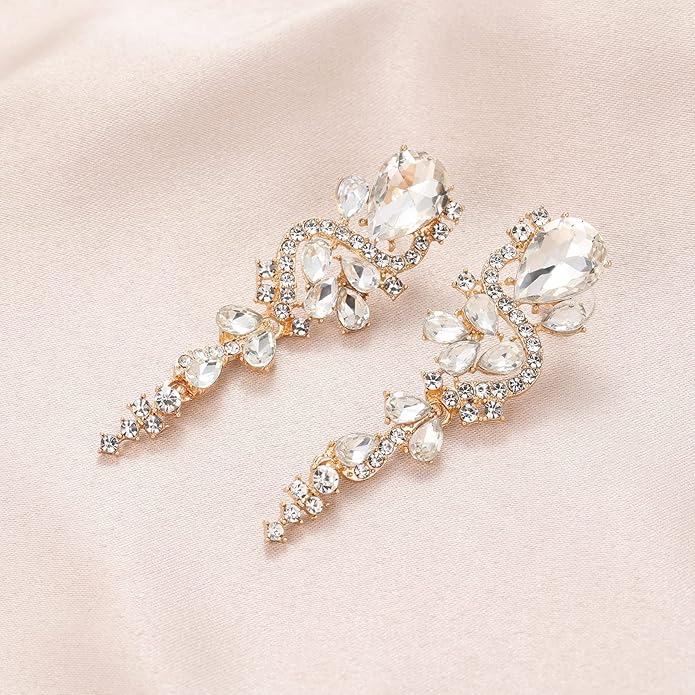 Fashion Rhinestone Statement Drop Dangle Earrings Long Colorful Crystal Bridal Wedding Teardrop Chandelier Earrings for Women Prom Pageant
