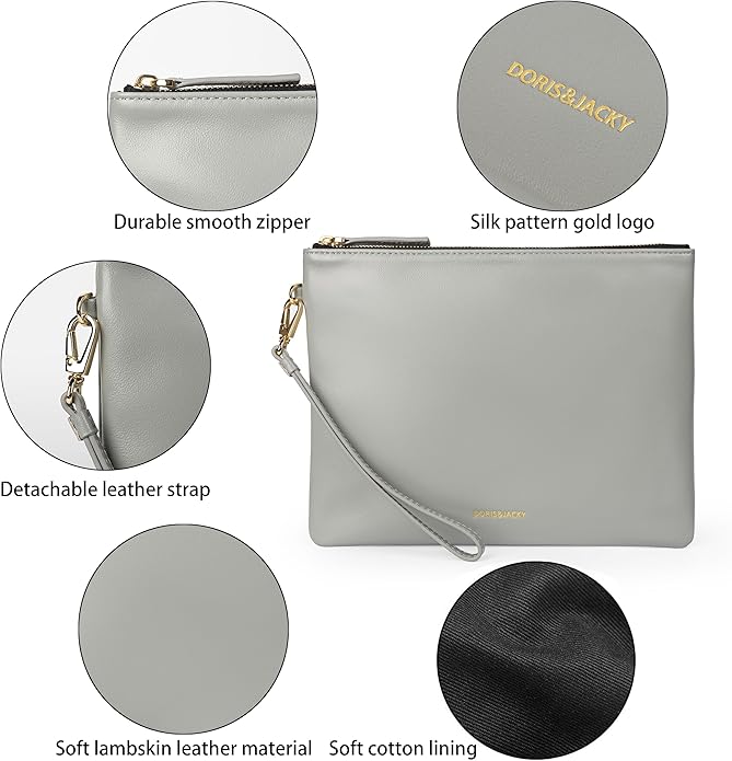 DORIS&JACKY Lambskin Leather Wristlet Clutch Purse for Women Soft Designer Slim Cell Phone Pouch Bag with Detachable Strap