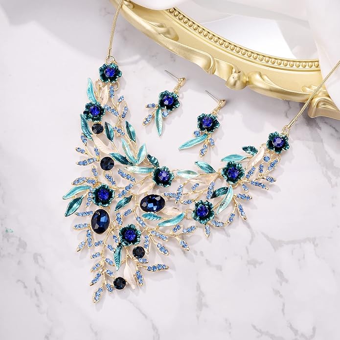 BriLove Wedding Bridal Leaf Cluster Jewelry Set for Women Crystal Flower Enamel Statement Necklace Dangle Earrings