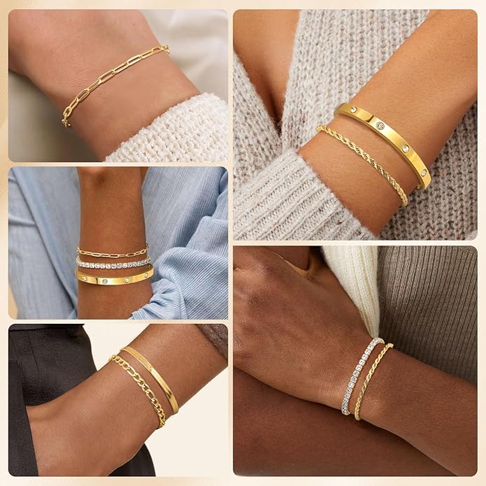 Gold Bracelets for Women Non Tarnish, Dainty 18K Gold Plated Bracelets Stack Trendy Waterproof Stackable Bangles, Cuban Link Paperclip Chain Jewelry Set Fashion Accessories Gifts for Women