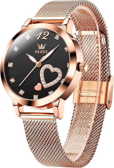 OLEVS Women's Small Wrist Rose Gold Tone Watch - Cute Diamond Heart Arabic Numerals Dial, Fashion Waterproof Mesh Bracelet Analog Dress for Ladies