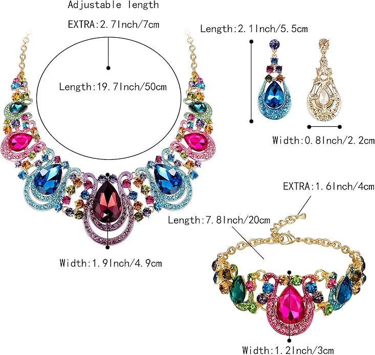 BriLove Women's Teardrop Crystal Statement Necklace Cluster Hollow Dangle Earrings Chain Bracelet Bib Jewellery Set for Wedding Bride Bridesmaid