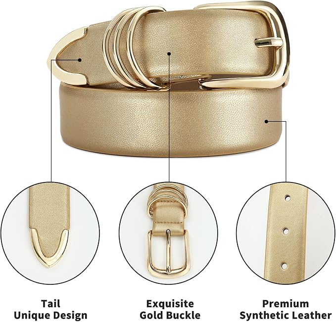 Women's Leather Belts with Gold Buckle Fashion Leather Waist Belt Elegant Ladies Belts for Jeans Dress & Casual Wear
