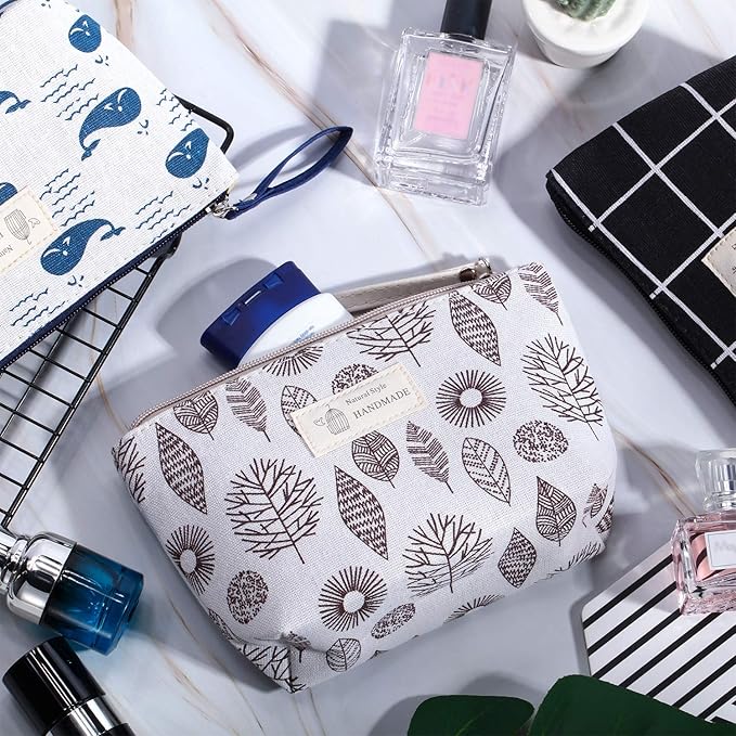 Boao 8 Pieces Canvas Cosmetic Bags Printed Small Makeup Bag Multi Function Travel Organizer Pouch Purse with Zipper for Women Fall Vacation Travel Toiletry storage Christmas Birthday Gift, 8 Styles