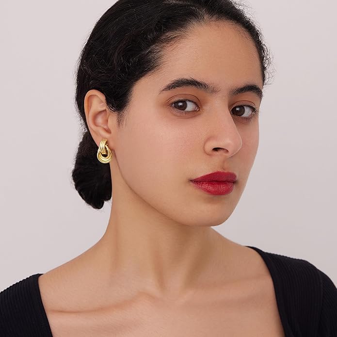 Gold Plated Statement Chunky Dangle Stud Earrings for Women, Gold Plated Hoop Knot Claw Earrings Tarnish Free Jewelry for Women Gifts