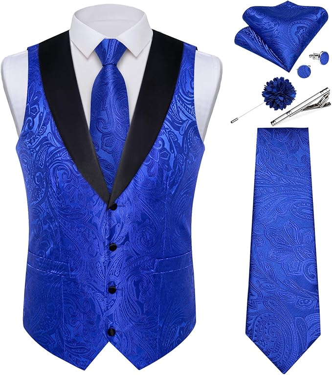 DiBanGu Mens Paisley Suit Vest Silk Jacquard Waistcoat and Necktie Set Formal Shawl Collar Dress Vest 7PCS for Wedding Party