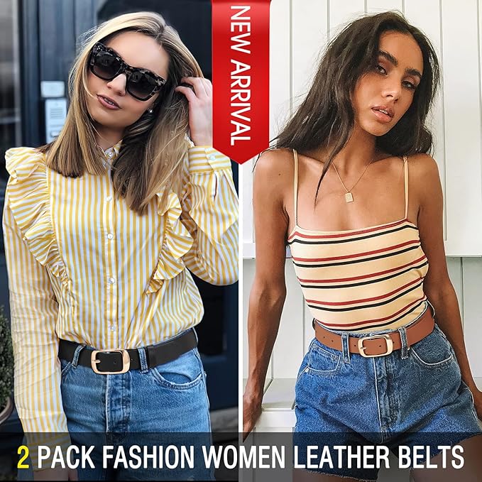 XZQTIVE 2 Pack Women Plus Size Leather Belts Fashion Cowhide Waist Belt with Solid Pin Buckle for Jeans Pants Dress