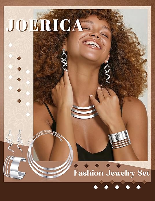 JOERICA Bib Choker Necklace Set for Women Wide Cuff Bangle Bracelets Long Statement Dangle Earrings African Costume Jewelry Set