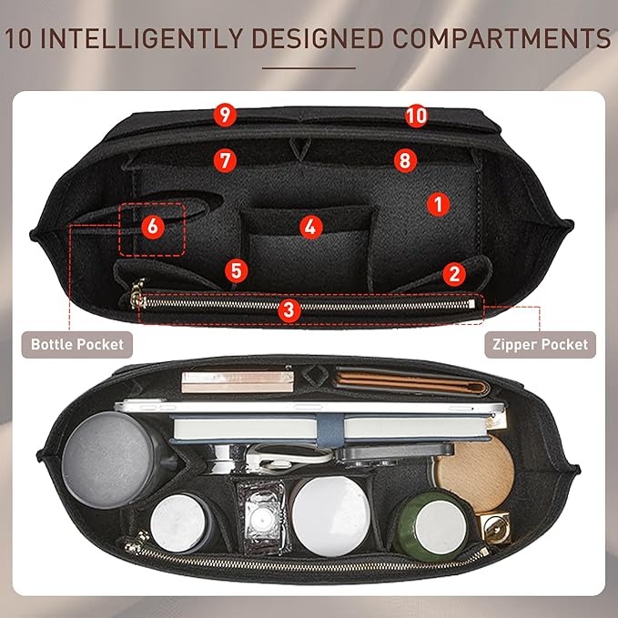 Doxo Purse Organizer Insert Handbag&Tote Large with Zipper Bag in Bag Fit Speedy 35 and Neverfull MM/Saint Louis PM & Base Shaper 2pc Set(Large-Black-Combination)