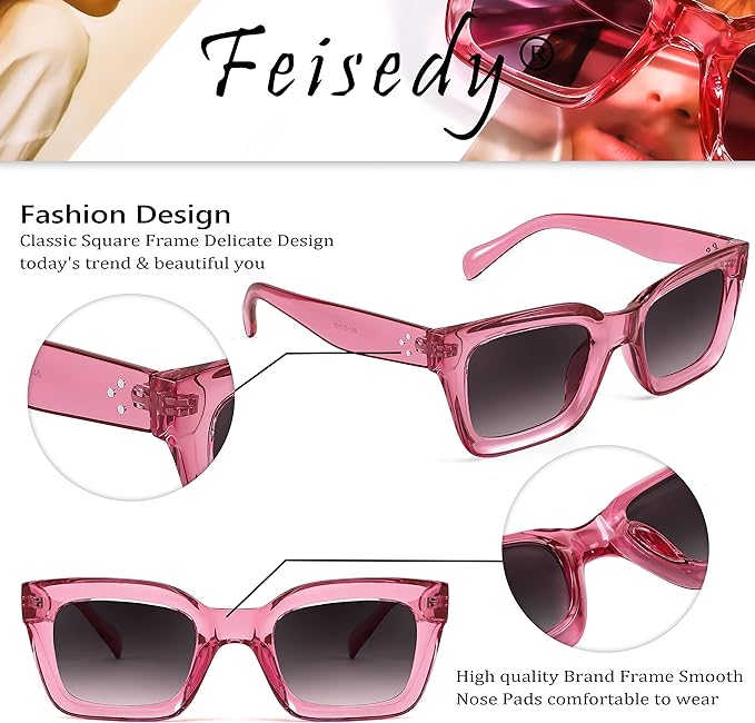FEISEDY Classic Women Sunglasses Fashion Thick Square Sun Glasses Chunky Frame UV400 B2471