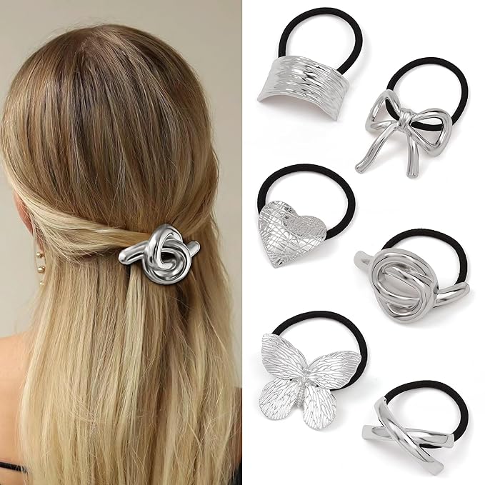 Hair Ties for Women, Sliver Metal Hair Cuffs Hair Accessories Elastic Hair Ties Ponytail Cuff Hair Bands for Both Thick Hair and Thin Hair