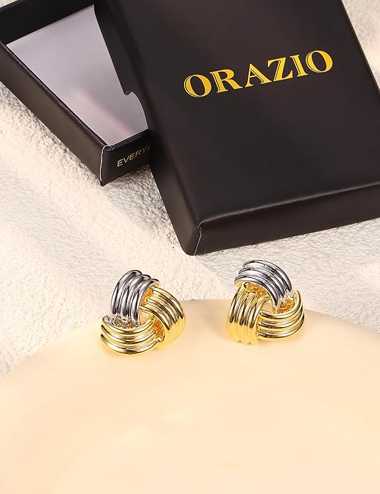 ORAZIO Chunky Gold Plated Knot Earrings for Womens Trendy 925 Silver Statement Lightweight Dangle Drop Hypoallergenic Large Geometric Stud Earring Jewelry for Women