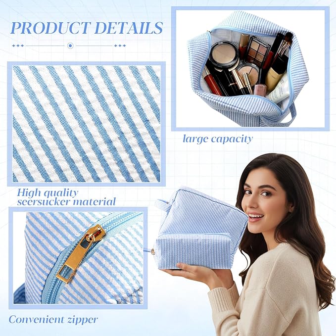 Sanwuta 2 Pcs Makeup Bag Set Seersucker Cosmetic Bag for Women Cute Stripe Travel Toiletry Organizer Aesthetic Preppy Storage Pouch for Girls Wedding Bridesmaid Valentine's Day Gifts(Light Blue)