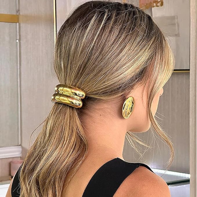 Gold Metal Hair Ties for Women - Cuffs, Accessories, Elastic Bands for Thick and Thin Hair Ponytails