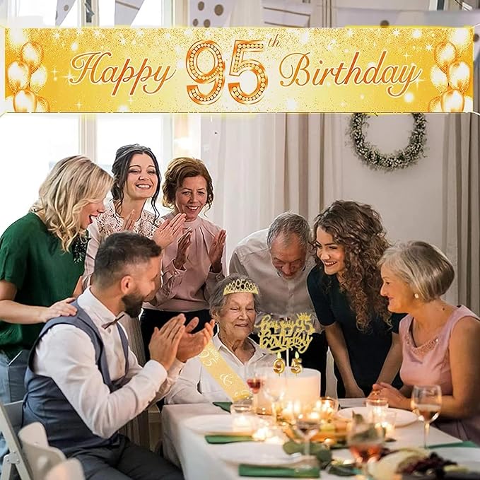 95th Birthday Decorations for Her Girls Set, Include 95th Birthday Crown and 95 Sash, 95th Birthday Cake Topper and 95 Birthday Candles, Gold 95 Balloons, Women 95th Party Supplies(Gold)