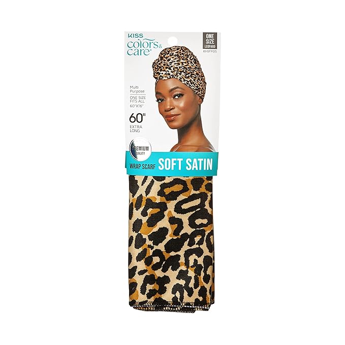 KISS COLORS & CARE Soft Satin Wrap Scarf - Leopard Print, Multi-Purpose, Soft Premium Scarf For Minimizing Frizz, Preventing Breakage & Securing Hair Styles, Wigs & Weaves For All Hair Styles