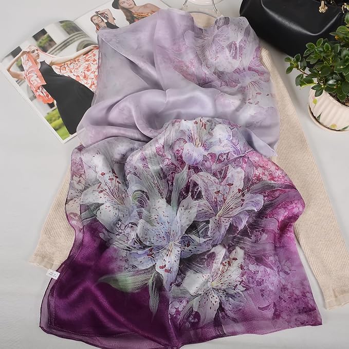 100% Mulberry Silk Women's Neck Silk Scarf-Lightweight Shawl,FLoral Print Beach Silk Wrap-Scarves for Photography