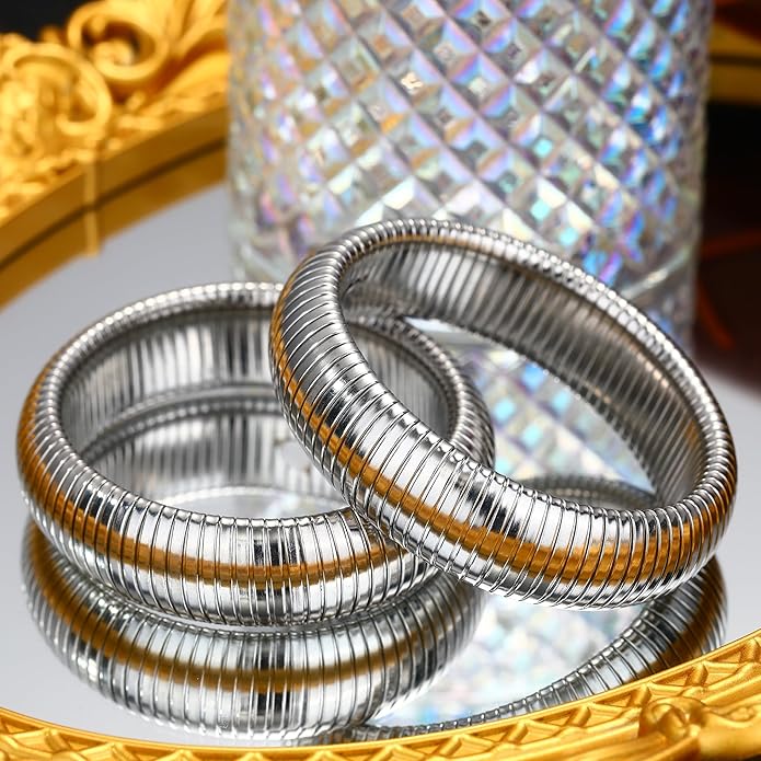 MISS RIGHT Gold Chunky Stretch Snake Chain Bangle Bracelets Stack for Women Trendy, 18K Gold Filled Stainless Steel Stretchy Womens Stackable Wristband Bangles Bracelet Set