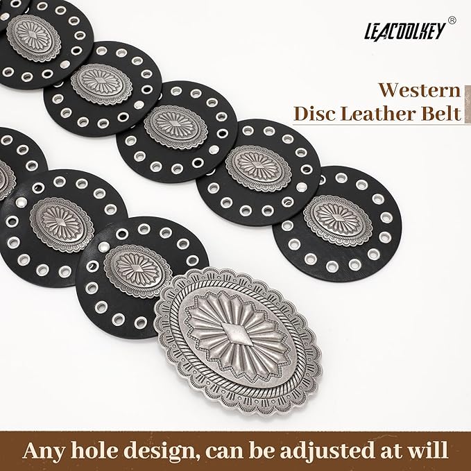 LEACOOLKEY Women's Boho Disc Belt Wide Western Leather Belt Vintage Concho Waist Belts for Dress Jeans