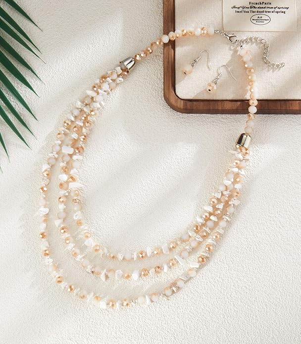 Layered Beaded Statement Necklace Multi Strand Crystal Beads Collar Necklace and Earring Sets for Women Fashion Costume Jewelry Set Gifts for Her