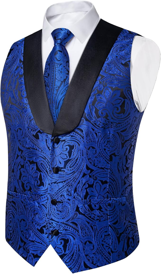 DiBanGu Mens Paisley Suit Vest Silk Jacquard Waistcoat and Necktie Set Formal Shawl Collar Dress Vest 7PCS for Wedding Party
