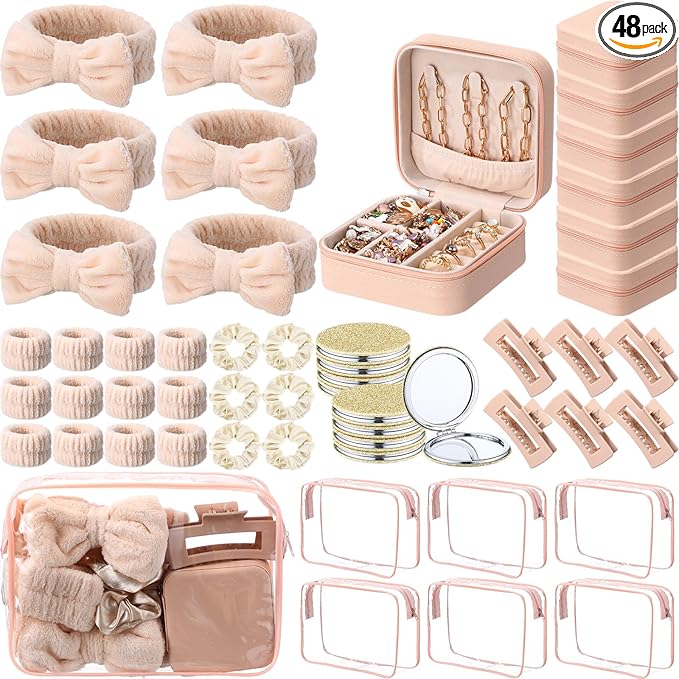 Spa Party Favors Pink Sleepover Party Supplies Bow Headband Wristband Scrunchies Hair Clip Jewelry Case Makeup Bag Mirror for Women Bridesmaid Return Gifts(Beige,48 Pcs)