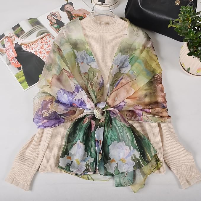 100% Mulberry Silk Women's Neck Silk Scarf-Lightweight Shawl,FLoral Print Beach Silk Wrap-Scarves for Photography