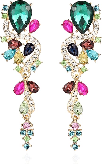 Fashion Rhinestone Statement Drop Dangle Earrings Long Colorful Crystal Bridal Wedding Teardrop Chandelier Earrings for Women Prom Pageant