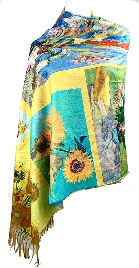 Plum Feathers Super Soft Cashmere Feel Double Sided Reversible Art Shawl Scarf Van Gogh Monet Klimt Inspired