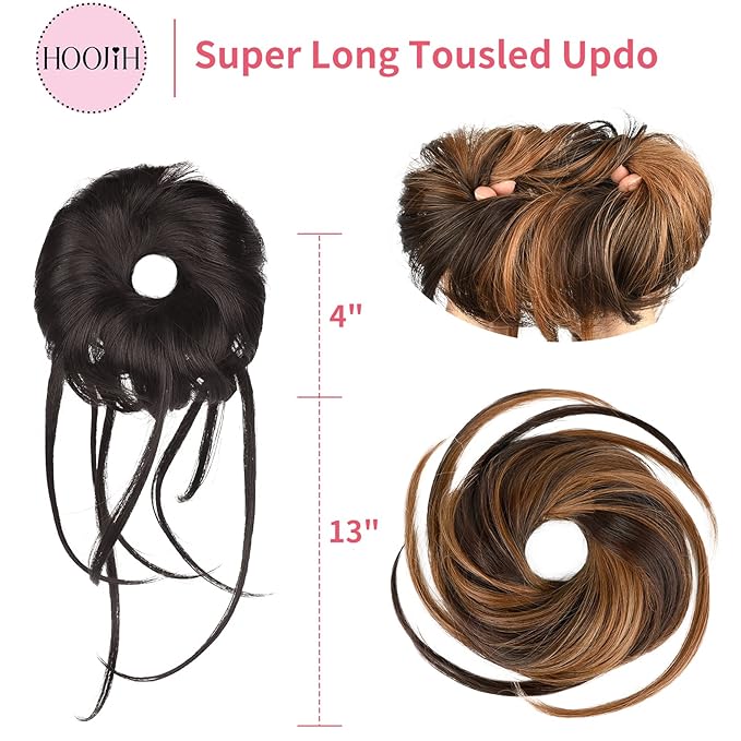 HOOJIH Messy Bun Hair Piece, Super Long Tousled Updo Hair Bun Extensions Wavy Hair Wrap Ponytail Hairpieces Scrunchies with Elastic Hair Band HB007 Grace - Warm Brown with Medium Brown Highlights