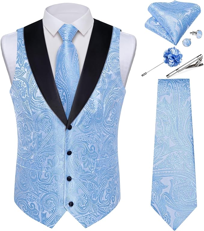 DiBanGu Mens Paisley Suit Vest Silk Jacquard Waistcoat and Necktie Set Formal Shawl Collar Dress Vest 7PCS for Wedding Party