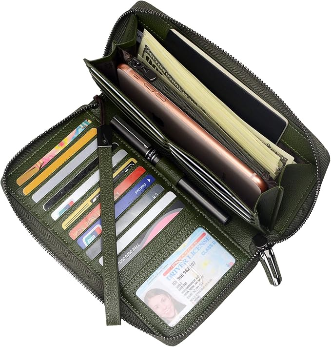 Women's Genuine Leather RFID Blocking Zip Around Wallet with Phone Pocket Large Capacity Travel Wristlet (Olive Green)