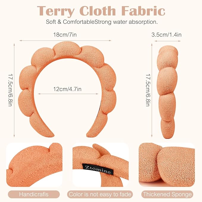 Terry Cloth Spa Headbands for Washing Face, Set of 2, Dark Khaki + Orange, Absorbent, Soft, Comfortable, Makeup Headbands for Face Washing, Mask