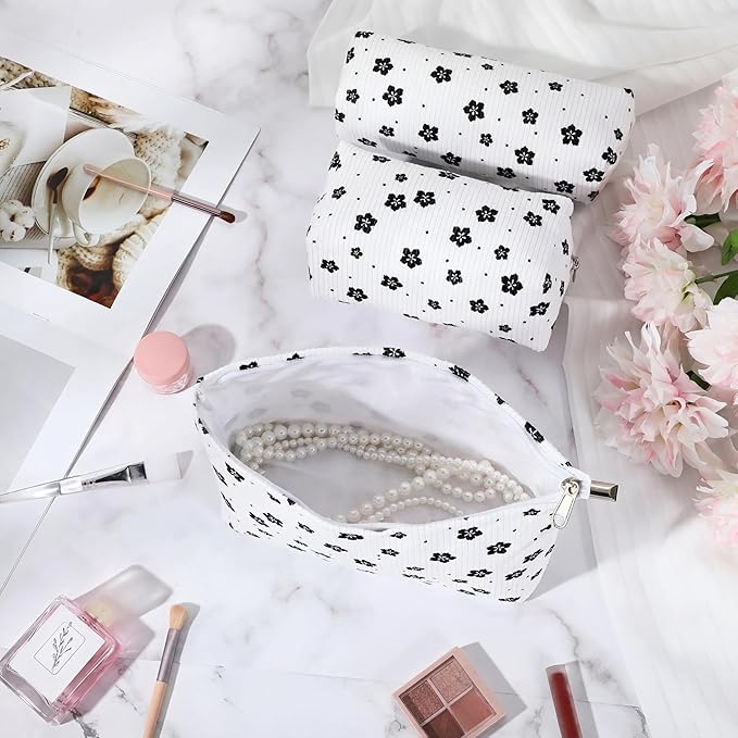 3 Pcs Makeup Bag Set for Women Corduroy Cosmetic Pouch Aesthetic Smile Travel Toiletry Bag Cute Purse Pouch Pencil Case Makeup Brushes Storage Organizer for Christmas (White,Floret)