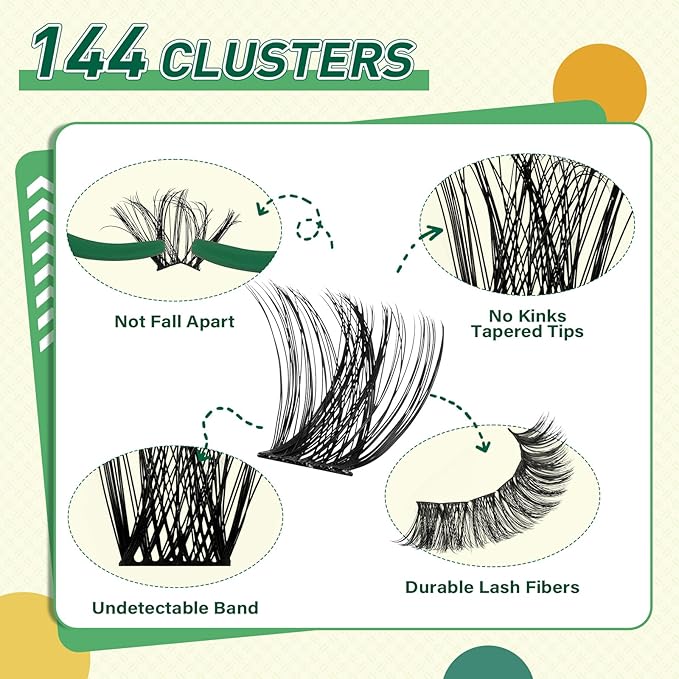KEYYOU Lash Clusters Kit Natural Wispy DIY Lash Extension Kit 144pcs Lashes Clusters Eyelash Extension with Mascara Brush Bond and Seal Glue Remover Applicators and Brush for Lashes Extensions (Y01)