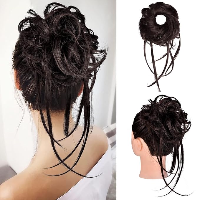 HOOJIH Messy Bun Hair Piece, Super Long Tousled Updo Hair Bun Extensions Wavy Hair Wrap Ponytail Hairpieces Scrunchies with Elastic Hair Band for Women HB007 Grace - Dark Brown