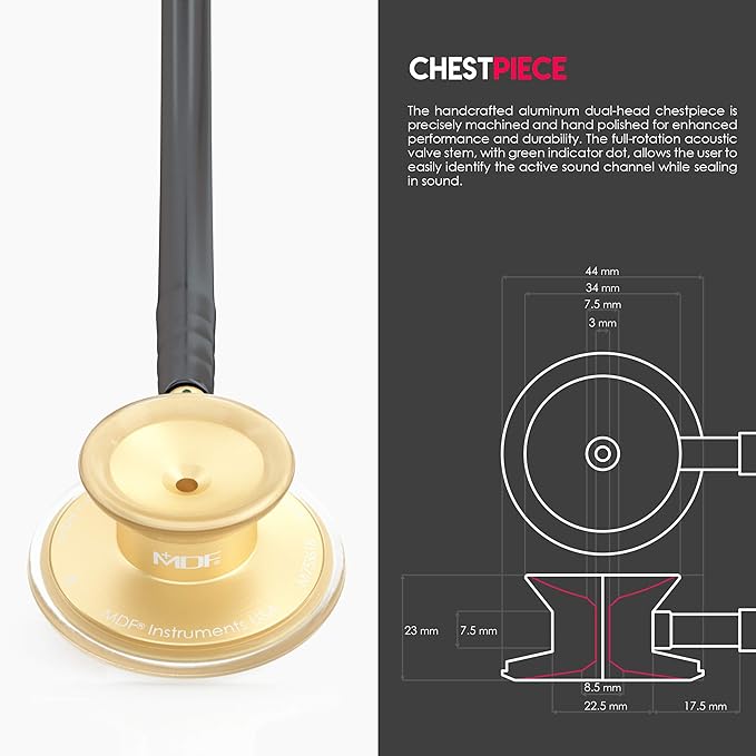 MDF Instruments, Acoustica Lightweight Stethoscope for Doctors, Nurses, Students, Home Health Use, Adult, Dual Head, Black Tube, Gold Chestpiece-Headset, MDF747XPK11