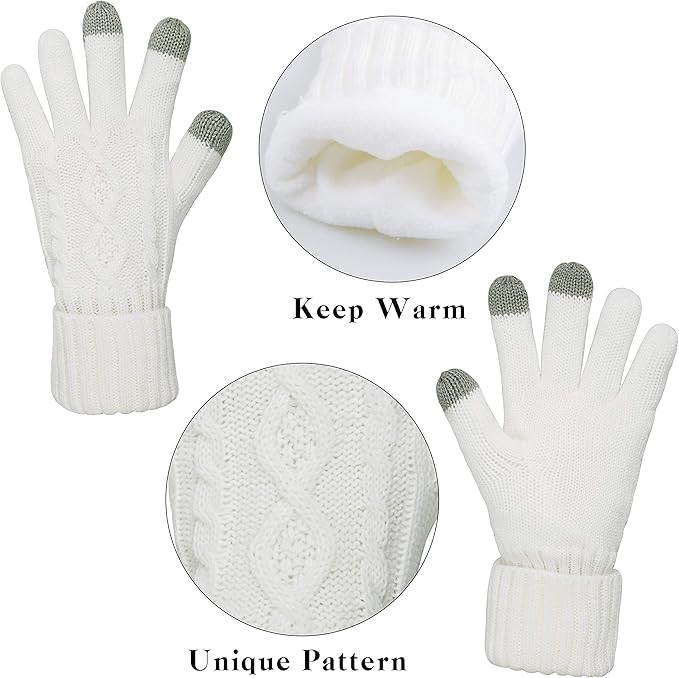 Winter Hat Gloves Scarf Set for Women, Cable Knit Beanie Pom Cap Touch Screen Glove Long Scarf 3PCS Winter Gift for Women Men
