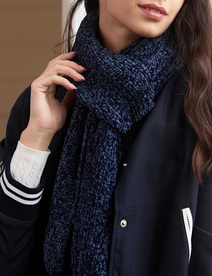 Womens Chenille Scarf with Pompom Winter Knit Warm Scarves for Cold Weather with Gift Box