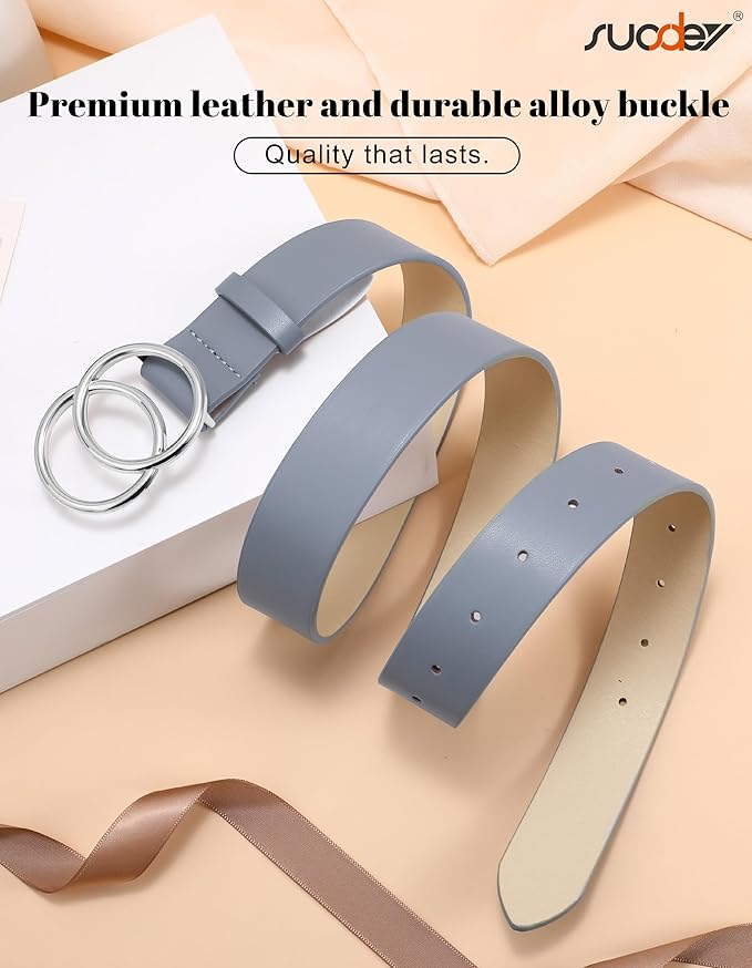 SUOSDEY Women Leather Belt Fashion Double O-Ring Soft Faux Leather Waist Belts For Jeans Dress