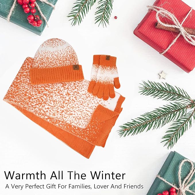 Womens Winter Knit Beanie Hats and Touchscreen Gloves Long Scarf Set with Warm Fleece Lined Skull Caps Scarves for Women