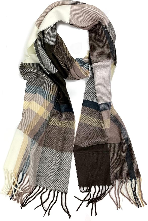 Plum Feathers Plaid Check and Solid Cashmere Feel Winter Scarf, Warm Scarfs, Cold Weather Accessories, Fringe Scarves
