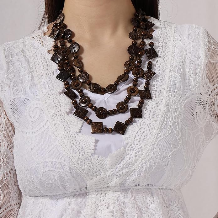 MILAKOO Wood Beads Necklace & Earrings for Women Chunky Multi-Layering Choker Necklace Ear Pendant